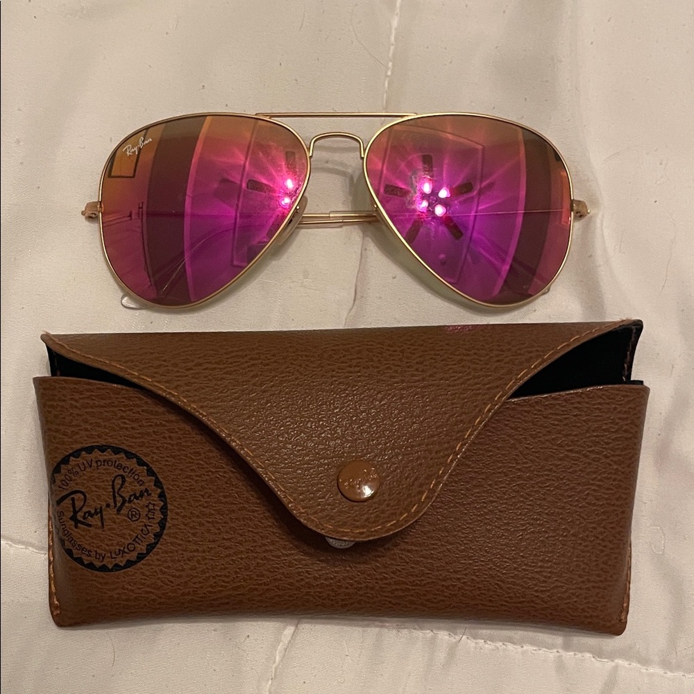 Ray-Ban Gold Frame Sunglasses with Pink Mirrored Lenses